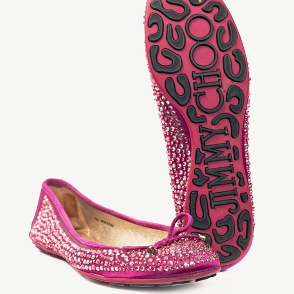 Jimmy Choo Weber Fuchsia Crystal-Embellished Satin Bow Ballet Flats - Picture 5 of 11